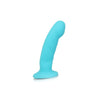 Blue non-representational dildo with a pronounced rounded head and very subtle ridges along the slightly upwardly curved shaft. Smooth flat base. Additional images show alternate angles.