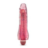A semi realistic translucent pink sparkly vibrator with color shifting LED lights that glow in different colors when the vibrator is in use. Twist dial on bottom to adjust intensity. Additional images show alternate angles.