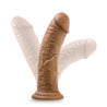 Mocha skin tone ultra realistic silicone dildo. Featuring a rounded head, veins along the thick, upwardly curved shaft, and a suction cup base. Additional images show alternate angles.