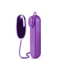 A smooth plastic purple egg shaped bullet connected to a purple plastic controller by a thin purple cable. Twist dial on the controller to adjust intensity. Additional images show alternate angles.