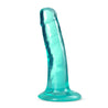 Shows clear teal dildo without balls and a suction cup standing. Alternate photos show other angles. 
