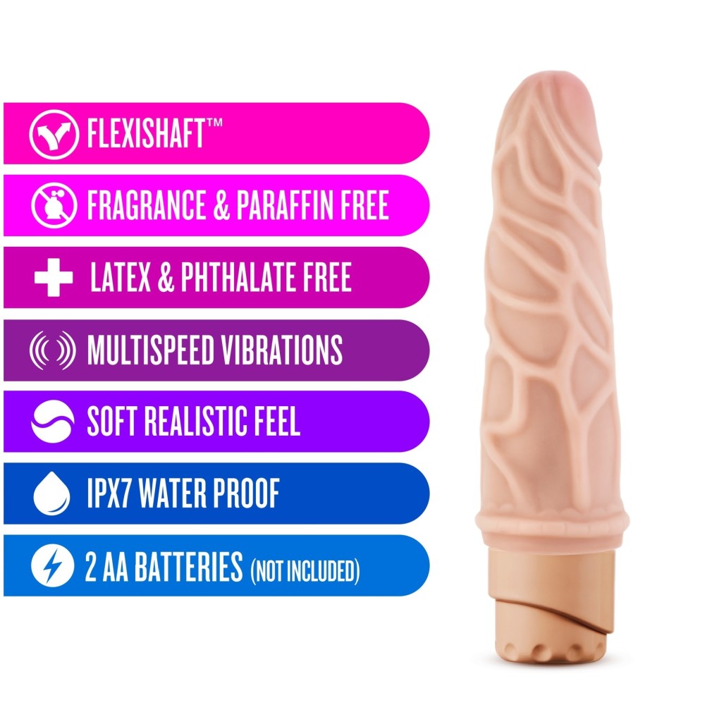 Vanilla skin tone vibrating dildo has an ultra realistic shape, with a subtle tapered head and veins along the shaft. Twist dial on bottom to adjust intensity. Additional images show alternate angles.