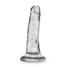 Clear dildo with red and blue glitter. Featuring a realistic head and subtle veins along the straight but flexible shaft. Suction cup base. Additional images show alternate angles.