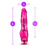 Glow in the dark pink realistic vibrating dildo. Defined head with subtle skin folds under head and veins along straight shaft. Nubs at the base for additional sensation. Twist dial at bottom to adjust intensity. Additional images show alternate angles.