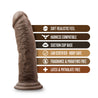 Chocolate skin tone ultra realistic silicone dildo. Featuring a rounded head, veins along the thick, upwardly curved shaft, and a suction cup base. Additional images show alternate angles.
