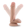 Vanilla skin tone realistic dildo. With a rounded head that is slightly tinted in a blush color for a lifelike look, subtle veins along the straight but flexible shaft, and realistic balls. Suction cup base. Additional images show alternate angles.