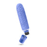 Compact periwinkle vibrator. Slim and straight design with tapered tip. Engraved large diamond pattern for subtle texture. Push button on bottom to adjust intensity. Additional images show alternate angles.