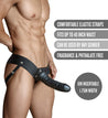 Black realistic hollow penis extender with defined head and veins. Attached to a thick elastic waistband and leg straps, for stability and comfort.  Additional images show alternate angles.