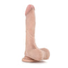 Vanilla skin tone ultra realistic dildo with a realistic head, subtle veins along the straight but flexible shaft and realistic balls. Head is slightly tinted in a pink color for a lifelike look. Suction cup base. Additional images show alternate angles.