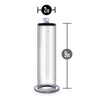 Clear acrylic cylinder with ruler markings and a connector to attach to pumps. Featuring a thick lip at the base for a tight seal and comfort. Additional images show alternate angles.
