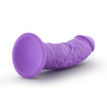 Purple realistic silicone dildo. Featuring a slightly textured round head, veins and texture along the thick, upwardly curved shaft, and a suction cup base. Additional images show alternate angles.