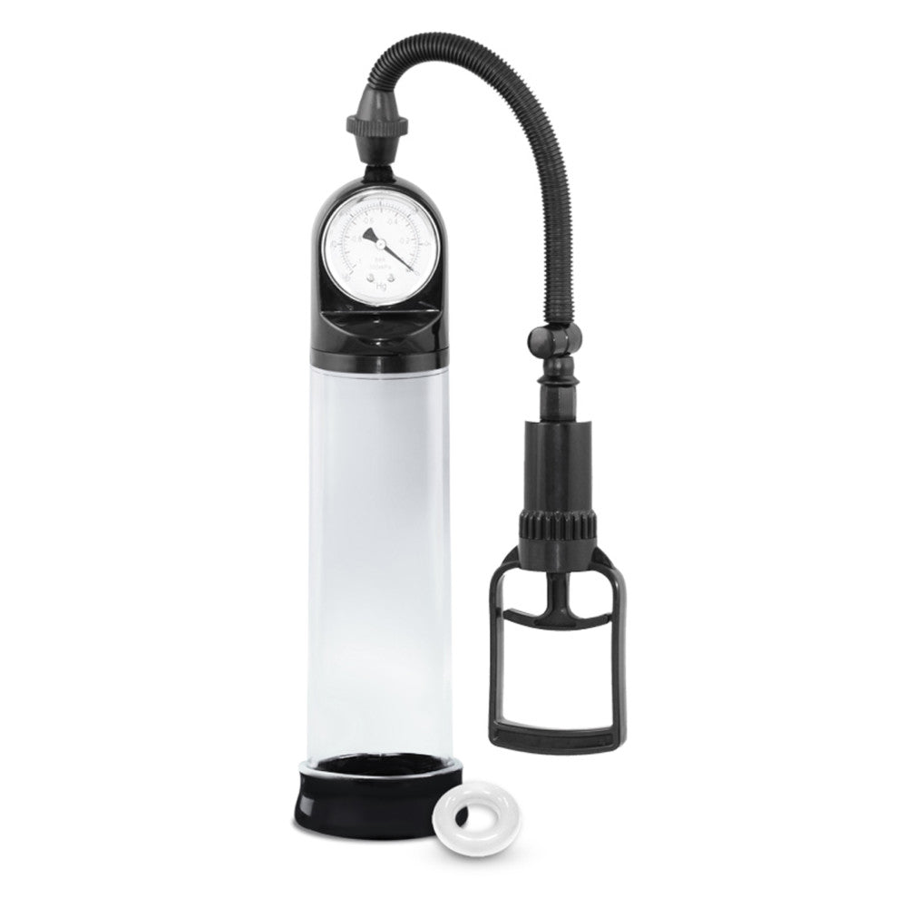 Clear male enhancement manual pump system with precision gauge to monitor air pressure and advanced trigger pump and pressure release valve. Additional images show alternate angles.