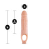 Vanilla skin tone silicone ultra realistic hollow penis extender with a strap at the base that goes around the scrotum for stability. Sheath has a veined texture and slightly pink colored head for a lifelike look.   Additional images show alternate angles.