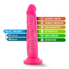 Neon pink realistic dildo with a tapered head for easy insertion, veins along the straight but flexible shaft, and a suction cup base. Additional images show alternate angles.
