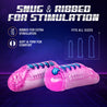 Pink beaded stroker. Translucent with vulva shaped opening, ribbed tunnel and 5 blue beads for added stimulation. Open on both ends. Additional images show alternate angles.