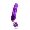 Translucent purple vibrating dildo has a realistic shape, with a subtle tapered head and veins along the shaft. Twist dial on bottom to adjust intensity. Additional images show alternate angles.