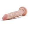 Vanilla skin tone dildo with a slim tapered realistic head for easy insertion and subtle veins along the straight but flexible shaft. Head is slightly tinted in a blush color for a lifelike look. Suction cup base. Additional images show alternate angles.