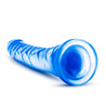 Translucent blue dildo with a slim tapered realistic head for easy insertion and subtle veins along the slightly upwardly curved shaft. Suction cup base. Additional images show alternate angles.