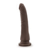Chocolate skin tone ultra realistic dildo. Featuring a tapered head for easy insertion and veins along the straight but flexible shaft. Suction cup base. Additional images show alternate angles.