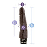 This chocolate skin tone vibrating dildo has an ultra realistic shape that offers significant girth, with a subtly defined head and veins along the shaft. Twist dial on bottom to adjust intensity. Additional images show alternate angles.