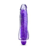 A semi realistic translucent purple sparkly vibrator with color shifting LED lights that glow in different colors when the vibrator is in use. Twist dial on bottom to adjust intensity. Additional images show alternate angles.