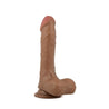 Mocha skin tone ultra realistic dildo with a realistic head, subtle veins along the straight but flexible shaft and realistic balls. Head is slightly tinted in a pink color for a lifelike look. Suction cup base. Additional images show alternate angles.