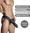 Black realistic hollow penis extender with defined head and veins. Attached to a thick elastic waistband and leg straps, for stability and comfort.  Additional images show alternate angles.