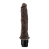 Realistic chocolate skin tone vibrating dildo with tapered head with skin folds just below the head and many veins along the straight long shaft. Twist dial on bottom to adjust intensity. Additional images show alternate angles.