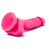 Neon pink realistic dildo with a defined head, veins along the upwardly curved shaft, very small balls, and a suction cup base. Additional images show alternate angles.
