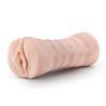 Vanilla skin tone stroker with a vulva shaped opening. Features gentle grooves on the outside for a secure grip. Ribbed internal canal for added stimulation. Includes a removable cordless vibrating bullet. Additional images show alternate angles.