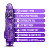 Translucent purple vibrating dildo has a realistic shape with a defined head and veins along the shaft. Silver bullet motor just below the head. Twist dial on bottom to adjust intensity. Additional images show alternate angles.