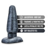 Classic shaped black butt plug with a carbon metallic sheen. Features a very subtle bumpy texture, tapered tip, slim neck, and flared base.  Additional images show alternate angles.