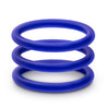 Set of 3 thin smooth indigo blue cock rings. Additional images show alternate angles.