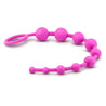Set of ten pink anal beads that start off very small and become progressively larger. Beads are connected to each other by flexible silicone. These beads have a ring at the base for safety and easy removal. Additional images show alternate angles.