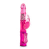 Thrusting and multi-directional rotating shaft with rotating beads and semi-phallic head and rabbit clit stimulator. Independent push button controls. Additional images show alternate angles.