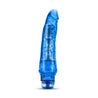 Translucent blue vibrating dildo has a realistic shape, with a defined but tapered head and veins along the shaft. Twist dial on bottom to adjust intensity. Additional images show alternate angles.