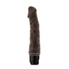 Chocolate skin tone vibrating dildo with curved head with veins along the slightly curved shaft. Twist dial on bottom to adjust intensity. Additional images show alternate angles.