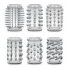 Set of 6 clear short cylindrical open ended textured sleeves. Six different soft TPE textures on the outside include: studs, nubs, spikes, diamond shaped rows, drops, and diagonal lines. Smooth texture on the inside. Additional images show alternate angles.