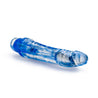 Translucent blue vibrating dildo has a realistic shape with a subtle rounded head and veins along the shaft. Silver bullet motor just below the head. Twist dial on bottom to adjust intensity. Additional images show alternate angles.