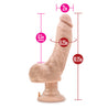 Vanilla skin tone ultra realistic vibrating dildo. Realistic head. Veins and skin folds along the straight shaft. Realistic balls. Suction cup base that doubles as twist dial for adjusting the intensity of the vibration. Additional images show alternate angles.