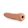 Mocha skin tone dildo featuring a tapered head for easy insertion and many veins along a slightly upwardly curved shaft. This dildo does not have a flared base. An opening at the bottom of the dildo makes it compatible with Lock On handles, harnesses, and other Lock On adapters. Additional images show alternate angles.