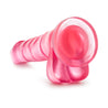 Translucent pink realistic dildo. Large rounded head. Pronounced veins along the straight shaft. Realistic balls. Suction cup base. Additional images show alternate angles.