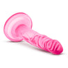 Translucent pink realistic petite dildo. Featuring a small tapered head for easy insertion and skin folds and veins along the straight but flexible shaft. Suction cup base. Additional images show alternate angles.