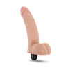 Ultra realistic vibrating dildo in vanilla skin tone with a defined head, veins along the shaft and balls. Simple one button control to adjust intensity. Additional images show alternate angles.