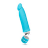 Blue vibrating dildo. Semi realistic shape with defined head and smooth straight shaft. Twist dial on bottom to control intensity. Additional images show alternate angles.
