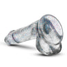 Clear dildo with red and blue glitter. Featuring a realistic head, subtle veins along the straight but flexible shaft, and realistic balls. Suction cup base. Additional images show alternate angles.