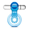 Blue cock ring featuring two connected rings, one inside of the other, connected to a horizontal vibrating bullet with a protruding tongue shaped flicker. Bullet can be removed from the ring. Smaller ring has a slightly beaded texture. Larger ring is smooth. Small silver bullet has one button on the cap for easy operation. Additional images show alternate angles.
