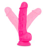 Neon pink realistic dildo with a defined head, veins along the upwardly curved shaft, very small balls, and a suction cup base. Additional images show alternate angles.