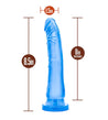 Translucent blue dildo with a slim tapered realistic head for easy insertion and subtle veins along the slightly upwardly curved shaft. Suction cup base. Additional images show alternate angles.