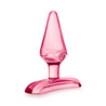 Translucent pink butt plug with a tapered tip, slim neck, and flared base. Additional images show alternate angles.